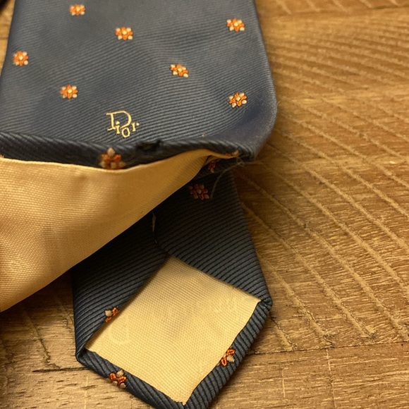 Vintage Christian Dior Logo Tie Blue & Floral Diamond Pattern - Picture 2 of 7